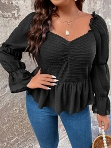 Calvaya Plus Ruched Virago Sleeve Peplum Blouse - Black - View 5