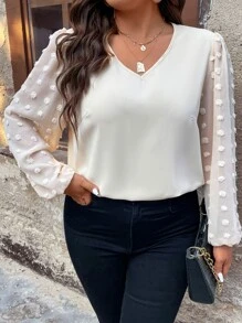 SHEIN Clasi 大碼圓點燈籠袖襯衫 - 米色 - 查看 4