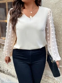 SHEIN Clasi 大碼圓點燈籠袖襯衫 - 米色 - 查看 1