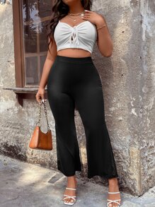 SHEIN LUNE Plus Contrast Lace Flare Leg Trousers - Black - View 3