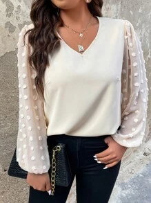 SHEIN Clasi 大碼圓點燈籠袖襯衫 - 米色 - 查看 5