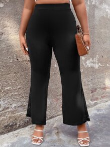 SHEIN LUNE Plus Contrast Lace Flare Leg Trousers - Black - View 6