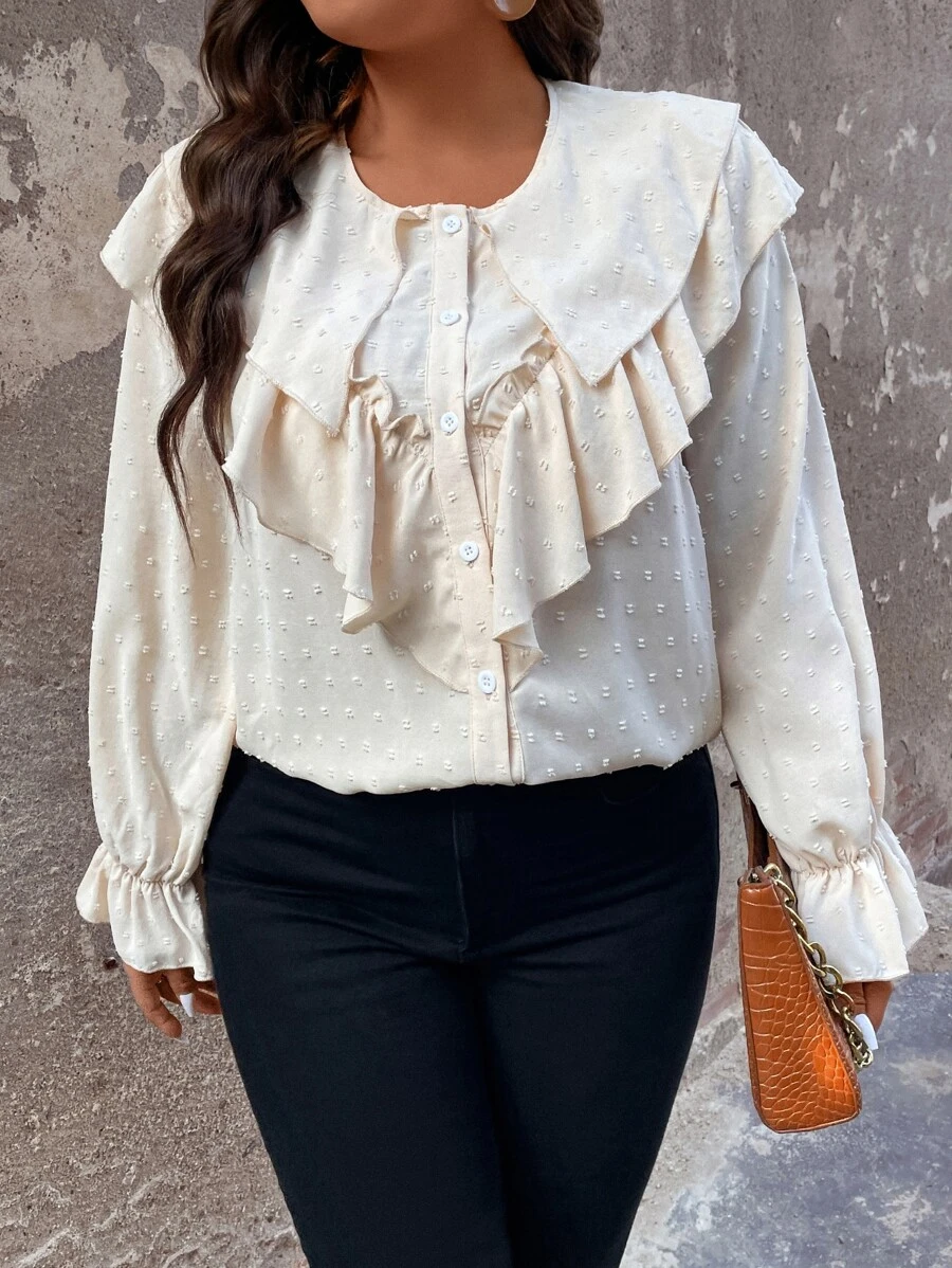 SHEIN LUNE Blusa ribete con fruncido de manga con volante - Albaricoque - Ver 1