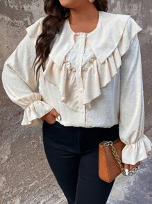 SHEIN LUNE Blusa ribete con fruncido de manga con volante - Albaricoque - Ver 3