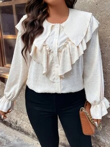 SHEIN LUNE Blusa ribete con fruncido de manga con volante - Albaricoque - Ver 6