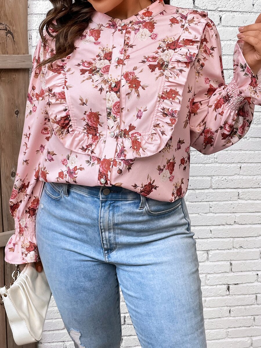 SHEIN Holidaya Plus Floral Print Flounce Sleeve Blouse - Baby Pink - View 1