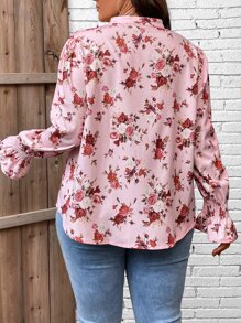 SHEIN Holidaya Plus Floral Print Flounce Sleeve Blouse - Baby Pink - View 2