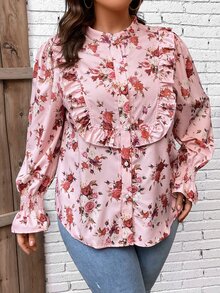 SHEIN Holidaya Plus Floral Print Flounce Sleeve Blouse - Baby Pink - View 3