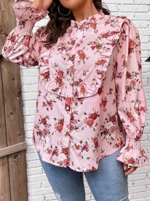SHEIN Holidaya Plus Floral Print Flounce Sleeve Blouse - Baby Pink - View 5