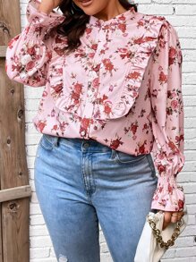 SHEIN Holidaya Plus Floral Print Flounce Sleeve Blouse - Baby Pink - View 6