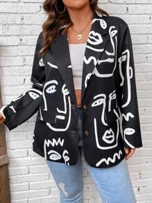 SHEIN LUNE Plus Figure Graphic Lapel Collar Blazer - Black and White - View 1