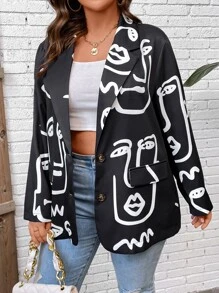 SHEIN LUNE Plus Figure Graphic Lapel Collar Blazer - Black and White - View 3