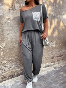 SHEIN LUNE Plus Floral Print Dolman Sleeve Tee & Trousers - Grey - View 1