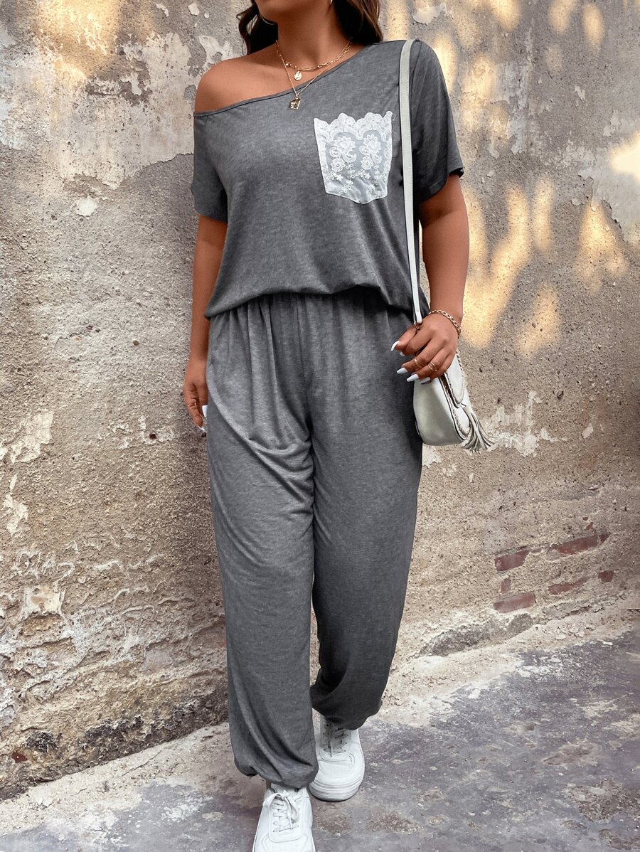 SHEIN LUNE Plus Floral Print Dolman Sleeve Tee & Trousers - Grey - View 1