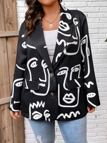 SHEIN LUNE Plus Figure Graphic Lapel Collar Blazer - Black and White - View 4