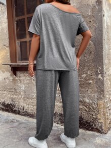 SHEIN LUNE Plus Floral Print Dolman Sleeve Tee & Trousers - Grey - View 2