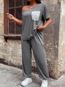 SHEIN LUNE Plus Floral Print Dolman Sleeve Tee & Trousers - Grey - View 3