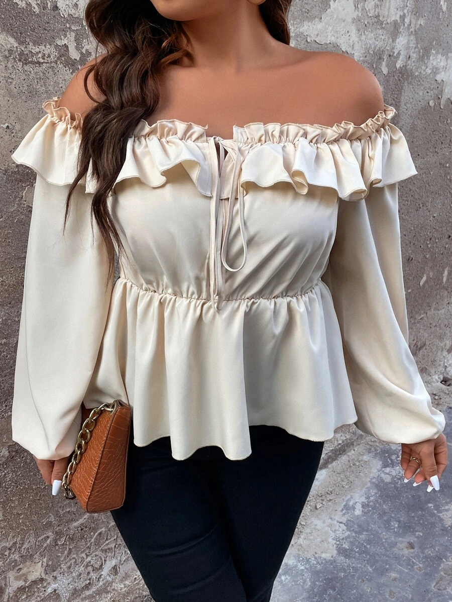 SHEIN Unity Blusa peplum de hombros descubiertos ribete con fruncido de manga farol - Beis - Ver 1