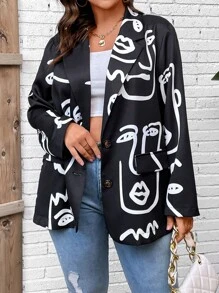 SHEIN LUNE Plus Figure Graphic Lapel Collar Blazer - Black and White - View 5