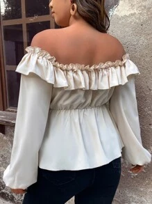 SHEIN Unity Blusa peplum de hombros descubiertos ribete con fruncido de manga farol - Beis - Ver 2