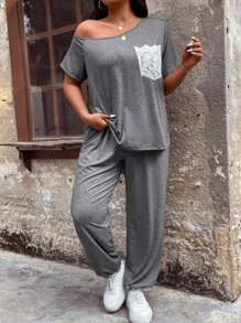 SHEIN LUNE Plus Floral Print Dolman Sleeve Tee & Trousers - Grey - View 4