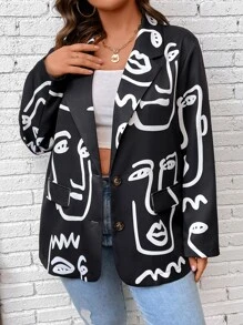 SHEIN LUNE Plus Figure Graphic Lapel Collar Blazer - Black and White - View 7