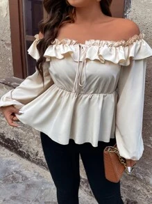 SHEIN Unity Blusa peplum de hombros descubiertos ribete con fruncido de manga farol - Beis - Ver 4