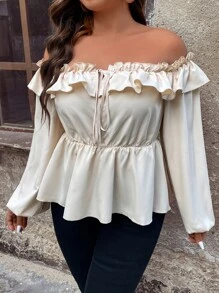 SHEIN Unity Blusa peplum de hombros descubiertos ribete con fruncido de manga farol - Beis - Ver 5