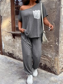 SHEIN LUNE Plus Floral Print Dolman Sleeve Tee & Trousers - Grey - View 6