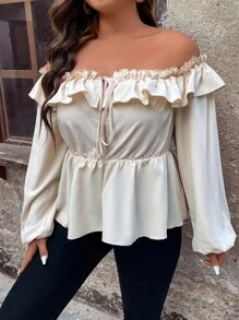 SHEIN Unity Blusa peplum de hombros descubiertos ribete con fruncido de manga farol - Beis - Ver 6