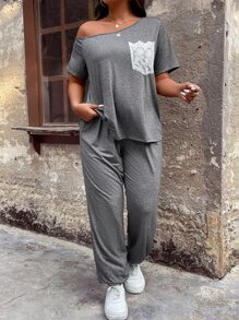 SHEIN LUNE Plus Floral Print Dolman Sleeve Tee & Trousers - Grey - View 7