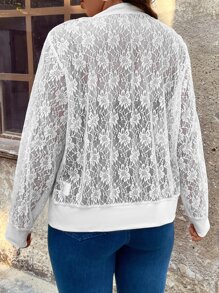 SHEIN LUNE 大碼開門襟蕾絲飛行員夾克 - 白色 - 查看 2