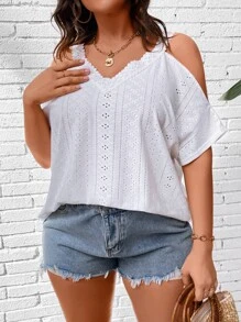 SHEIN LUNE Áo thun Plus size Tương phản ren Tranh thêu màu trơn Giải trí - trắng - Xem 4