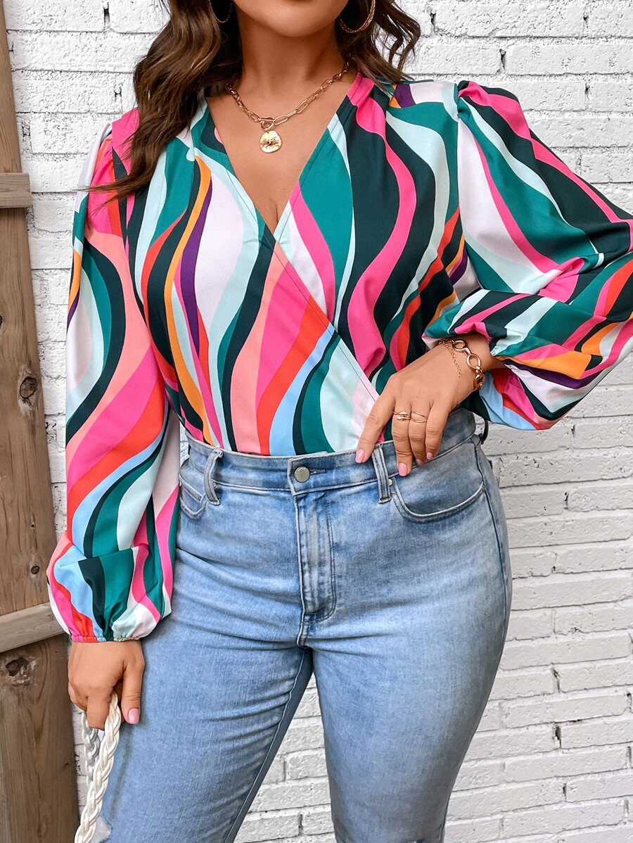 SHEIN Franclia Plus Allover Print Lantern Sleeve Bodysuit - Multicolor - View 1