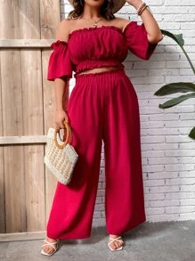 SHEIN LUNE Plus Off Shoulder Frill Trim Crop Top & Wide Leg Trousers - Rose Red - View 1