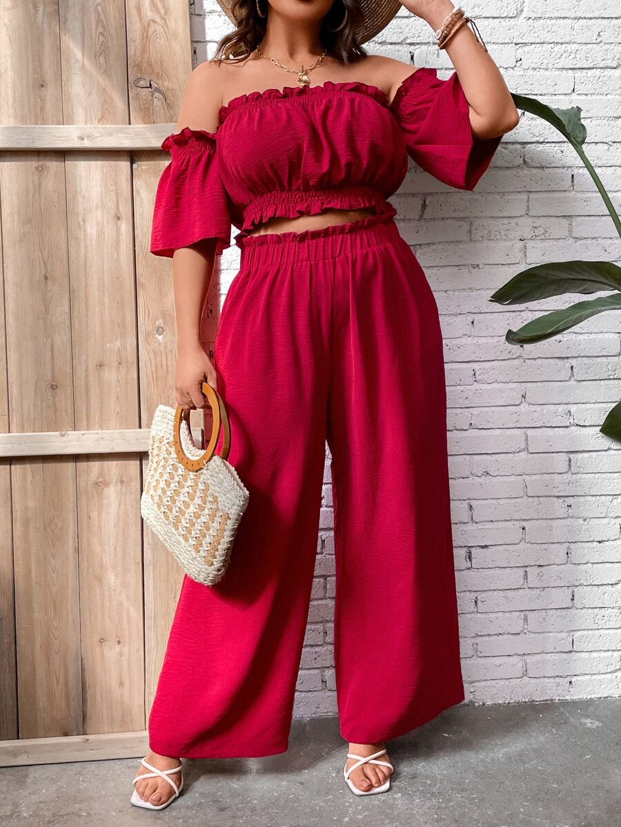 SHEIN LUNE Plus Off Shoulder Frill Trim Crop Top & Wide Leg Trousers - Rose Red - View 1