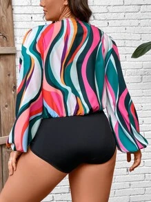 SHEIN Franclia Plus Allover Print Lantern Sleeve Bodysuit - Multicolor - View 2