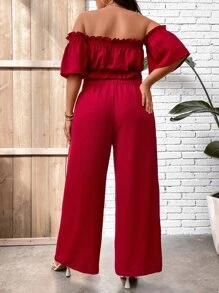 SHEIN LUNE Plus Off Shoulder Frill Trim Crop Top & Wide Leg Trousers - Rose Red - View 2