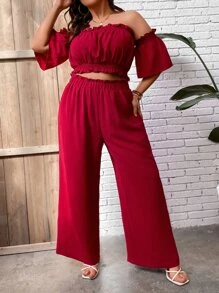 SHEIN LUNE Plus Off Shoulder Frill Trim Crop Top & Wide Leg Trousers - Rose Red - View 3