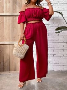 SHEIN LUNE Plus Off Shoulder Frill Trim Crop Top & Wide Leg Trousers - Rose Red - View 4