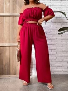 SHEIN LUNE Plus Off Shoulder Frill Trim Crop Top & Wide Leg Trousers - Rose Red - View 5