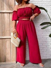SHEIN LUNE Plus Off Shoulder Frill Trim Crop Top & Wide Leg Trousers - Rose Red - View 6