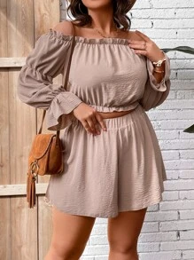 SHEIN Holidaya Plus Off Shoulder Frill Trim Blouse & Shorts - Apricot - View 1