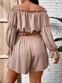 SHEIN Holidaya Plus Off Shoulder Frill Trim Blouse & Shorts - Apricot - View 2
