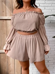 SHEIN Holidaya Plus Off Shoulder Frill Trim Blouse & Shorts - Apricot - View 6