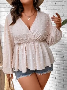 SHEIN Holidaya Plus Swiss Dot Surplice Neck Peplum Blouse - Baby Pink - View 1