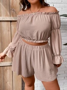 SHEIN Holidaya Plus Off Shoulder Frill Trim Blouse & Shorts - Apricot - View 7