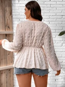 SHEIN Holidaya Plus Swiss Dot Surplice Neck Peplum Blouse - Baby Pink - View 2