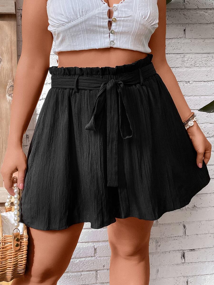 SHEIN Clasi Plus Paperbag Waist Belted Shorts - Black - View 1