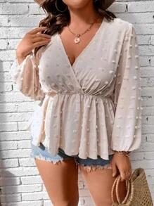 SHEIN Holidaya Plus Swiss Dot Surplice Neck Peplum Blouse - Baby Pink - View 4